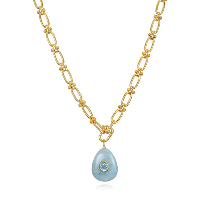 New!  Statement Oval Gemstone Necklace-Aquamarine