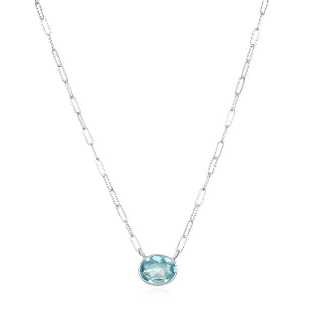 New! Gem Drop Bezel Paperclip Necklace-Blue Topaz