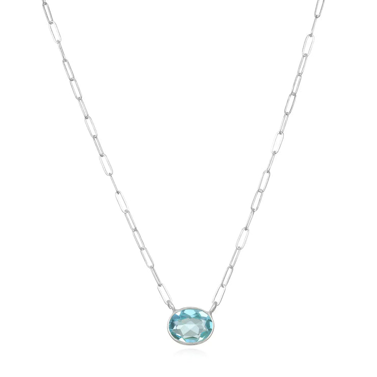 New! Gem Drop Bezel Paperclip Necklace-Blue Topaz