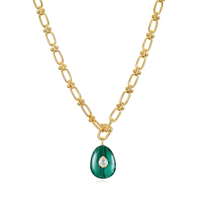 New!  Statement Oval Gemstone Necklace-Malachite