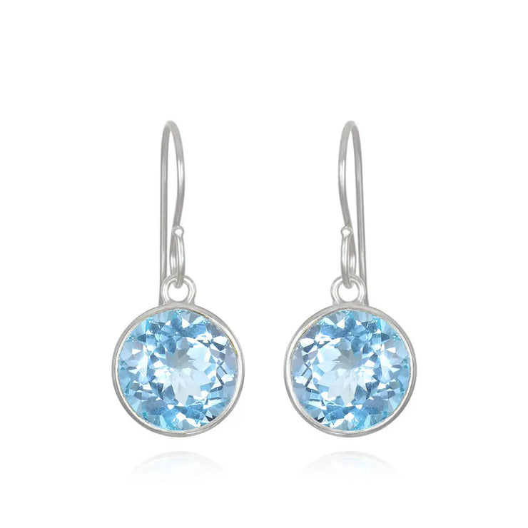 New! Bezeled Round Gem Drop Dangle-Blue Topaz