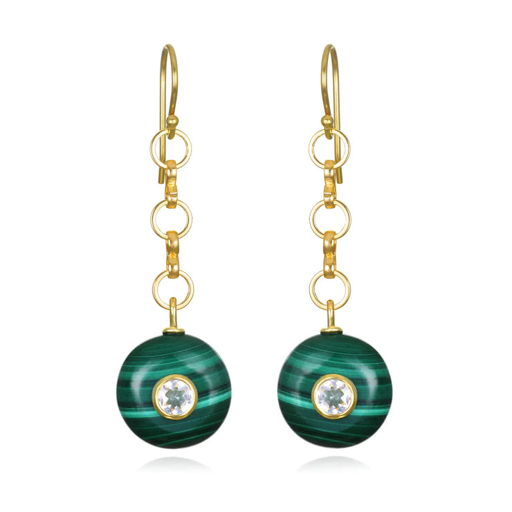 New! Double Gemstone Dangles-Malachite & Topaz