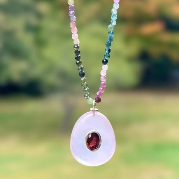 New! Triple Gemstone Beaded Choker-Rose Quartz & Garnet
