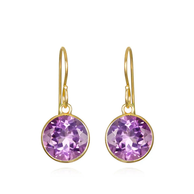 Bezel Round Gemdrop Dangles - Amethyst - Gold