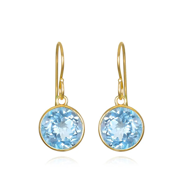 Bezel Round Gemdrop Dangles - Sky Blue Topaz - Gold
