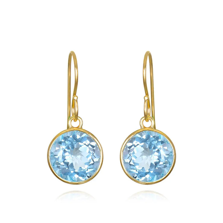 Bezel Round Gemdrop Dangles - Sky Blue Topaz - Gold