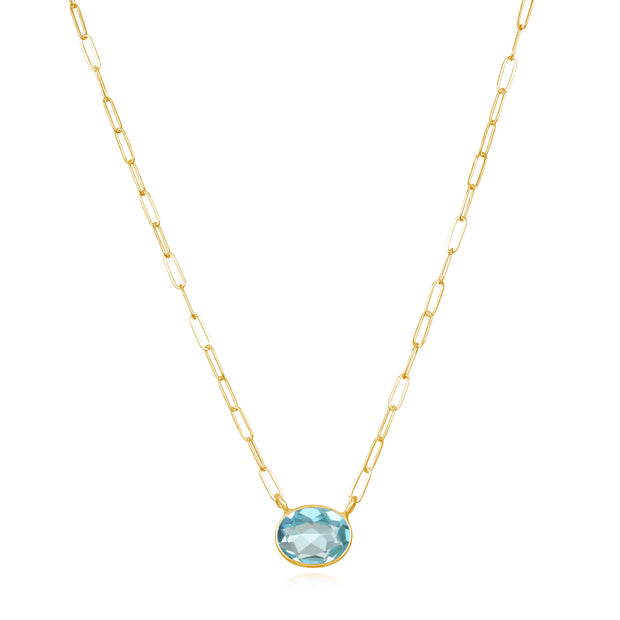 New! Gem Drop Bezel Paperclip Necklace-Blue Topaz