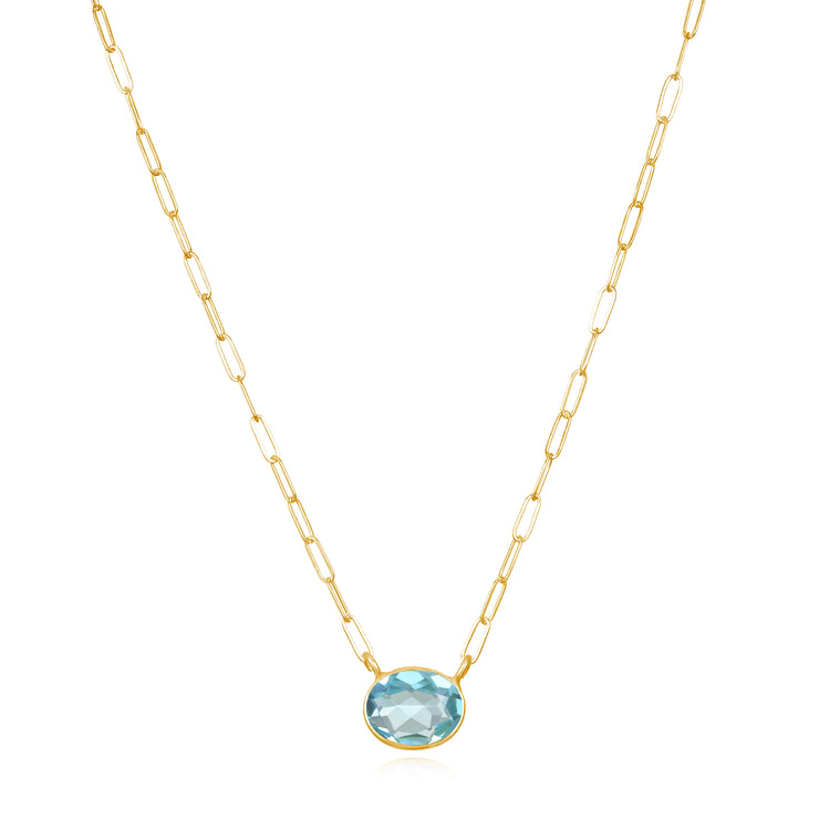 New! Gem Drop Bezel Paperclip Necklace-Blue Topaz