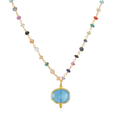 New! Bezel Charm Rainbow Necklace-Blue Chalcedony