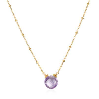 New! Pink Amethyst Coin Beaded Necklace-Gold