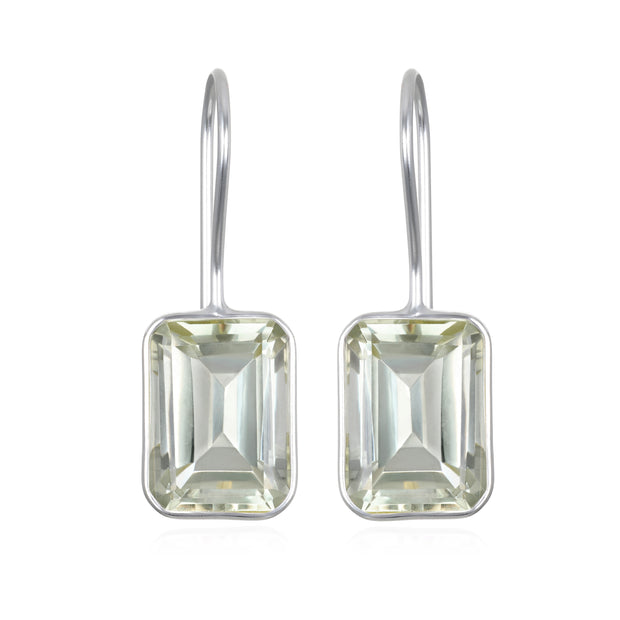 New! Bezeled Emerald Cut Dangles-Green Amethyst Silver