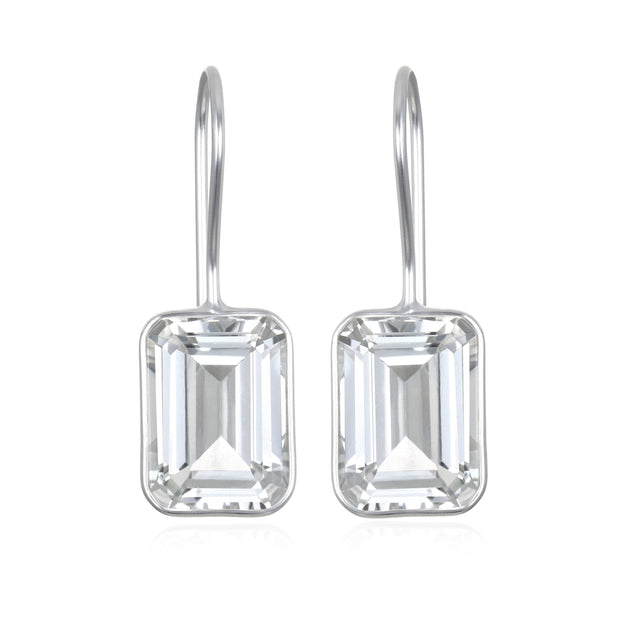 New! Bezeled Emerald Cut Dangles-White Topaz Silver