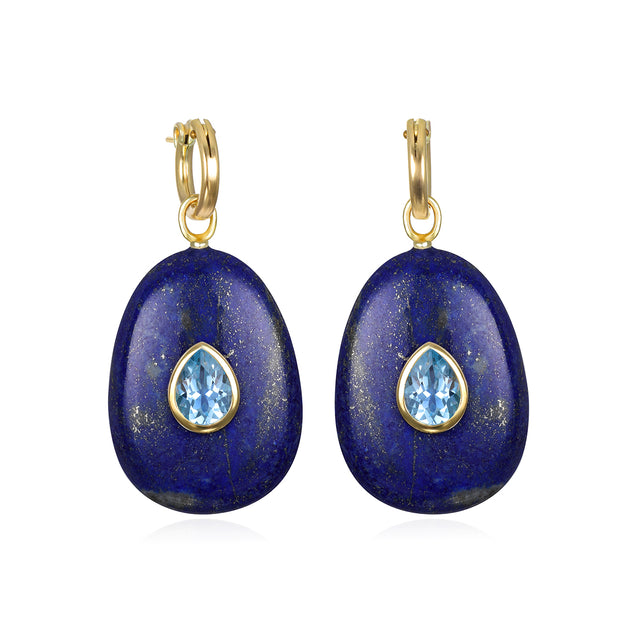New! Grand Lapis & Topaz Huggies