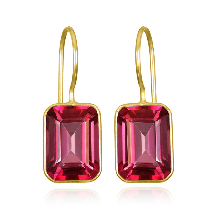 Bezeled Emerald Cut Dangles-Pink Topaz Gold