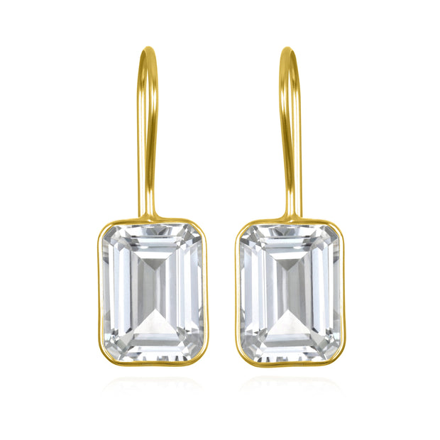 New! Bezeled Emerald Cut Dangles-White Topaz Gold