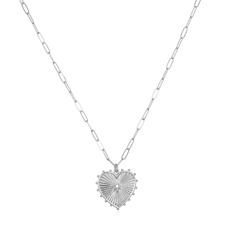 Beaded Heart Charm Paperclip Necklace-Silver