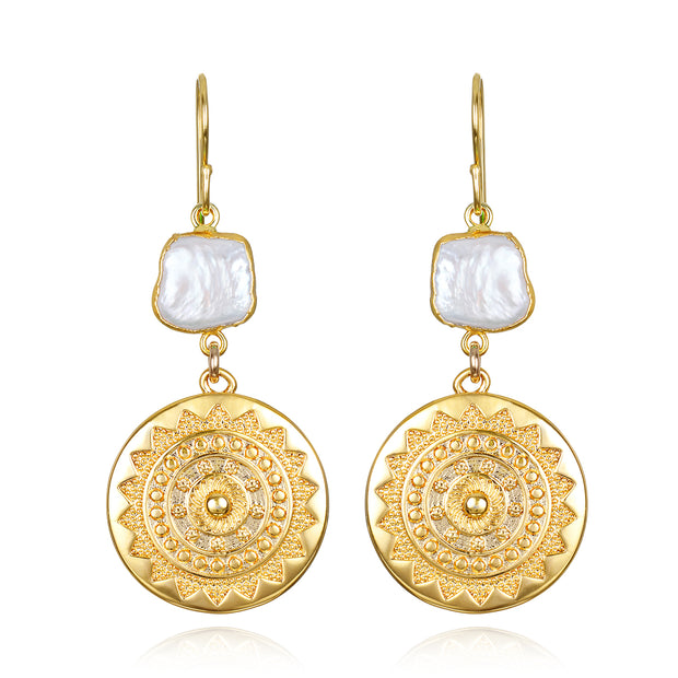 New! Sun Medallion Dangles -Freshwater Pearl