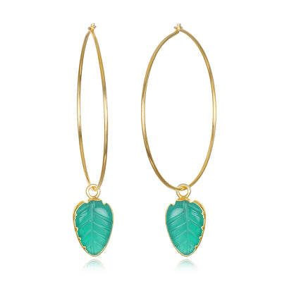 Carved Leaf Hoop Earrings - Green Onyx