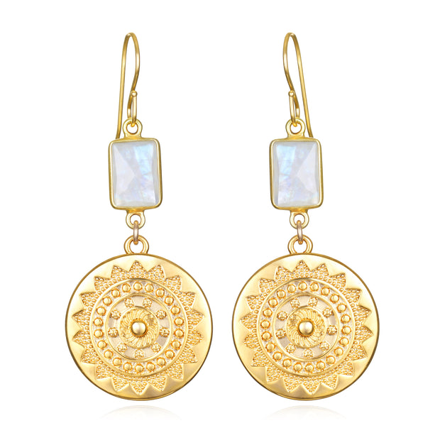 New! Sun Medallion Dangles - Rainbow Moonstone