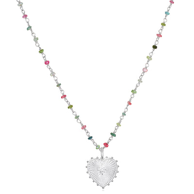 New! Tourmaline Heart Charm Necklace-Silver