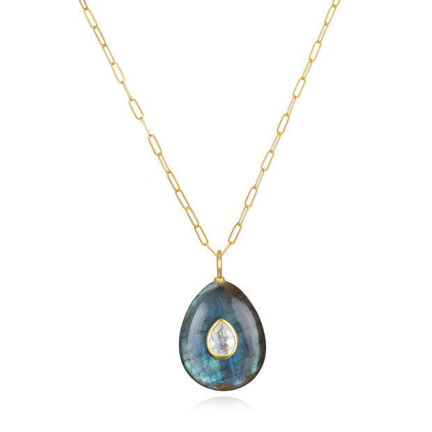 New! Labradorite & Topaz Pear Pendant Gold-Multiple Lengths