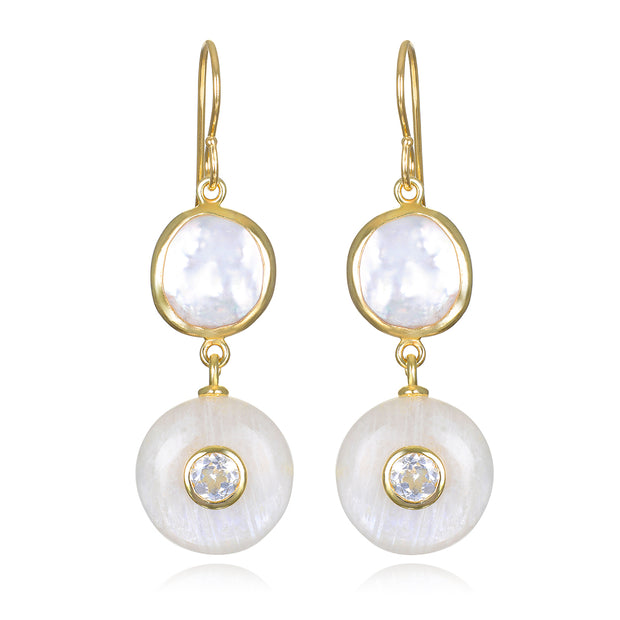 Framed Pearl, Moonstone & Topaz Dangles