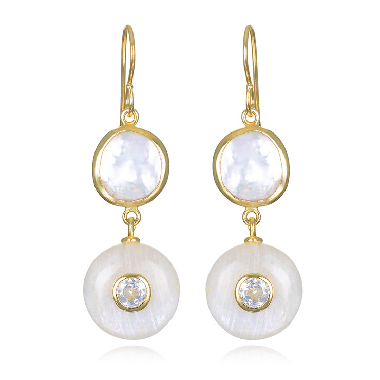 Framed Pearl, Moonstone & Topaz Dangles