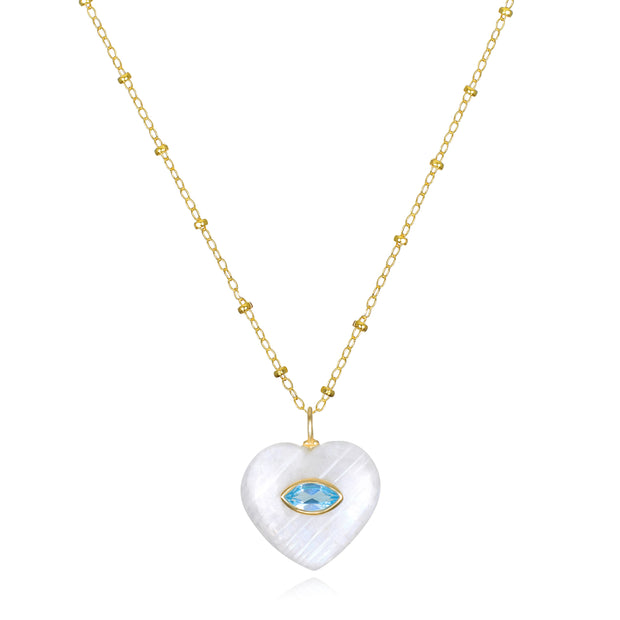 New! Rainbow Moonstone & Blue Topaz Heart Satellite Necklace