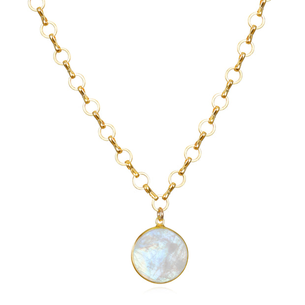 New!  Petite Circle Rainbow Moonstone Pendant