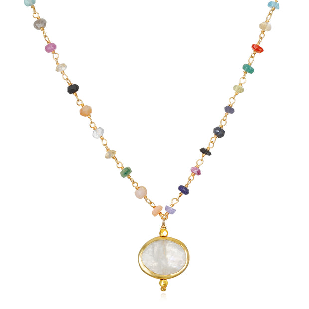 New! Bezel Charm Rainbow Necklace-Moonstone