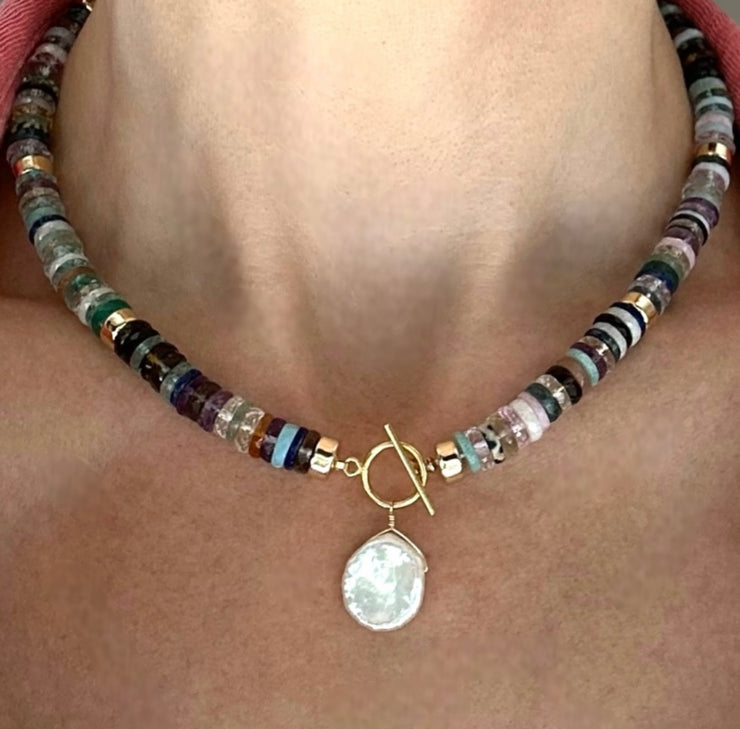 New!  Gemstone Heishi & Keshi Pearl Collar Necklace