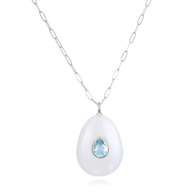 New!  Rainbow Moonstone & Blue Topaz Pear Pendant-Sterling Silver