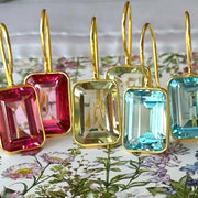 Bezeled Emerald Cut Dangles-Pink Topaz Gold