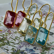 Bezeled Emerald Cut Dangles-Sky Blue Topaz Gold