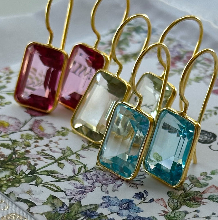 Bezeled Emerald Cut Dangles-Pink Topaz Gold