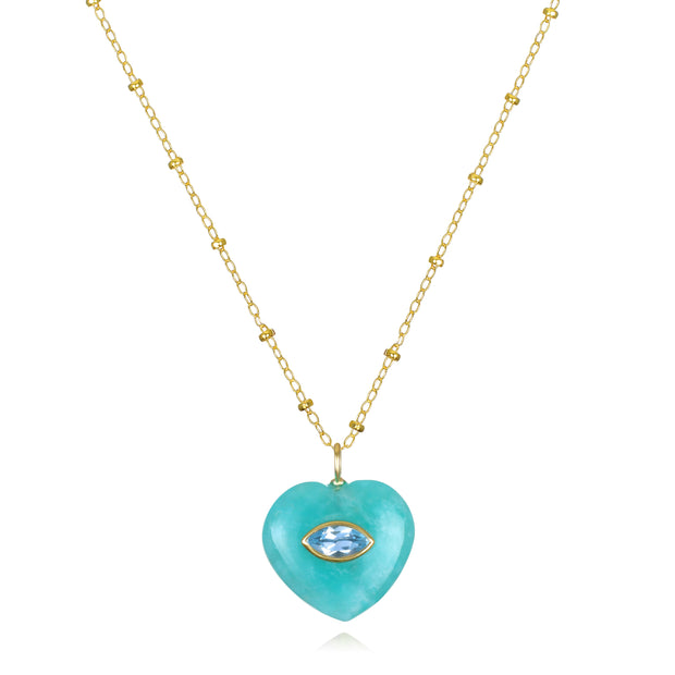 New! Green Turquoise & Blue Topaz Heart Satellite Necklace