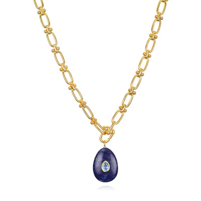 New!  Statement Oval Gemstone Necklace-Lapis