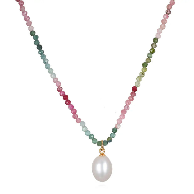 New!  Pearl Choker-Watermelon Tourmaline