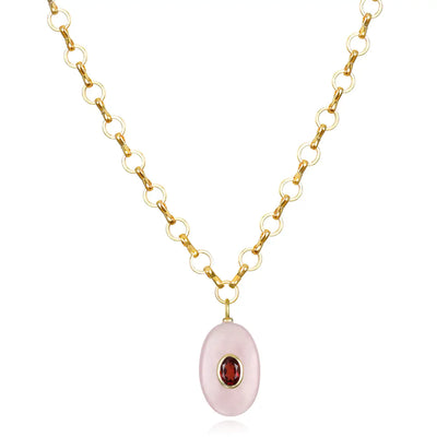 New!  Rose Quartz & Garnet Petite Loop Oval Necklace