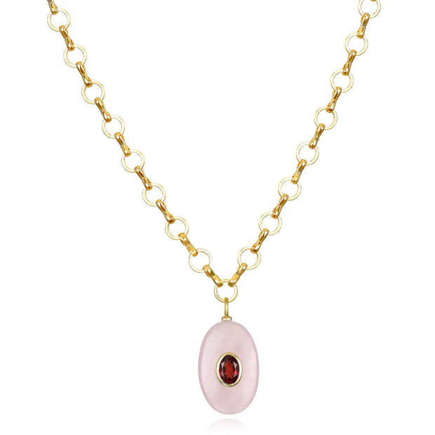 New!  Rose Quartz & Garnet Petite Loop Oval Necklace