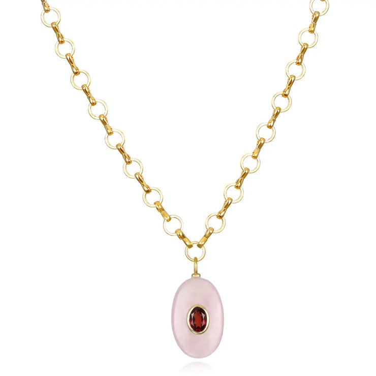 New!  Rose Quartz & Garnet Petite Loop Oval Necklace