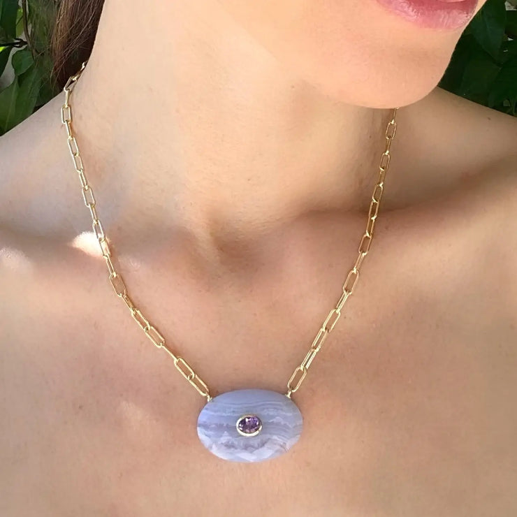 New! Statement Oval Paperclip Necklace-Lace Agate & Amethyst