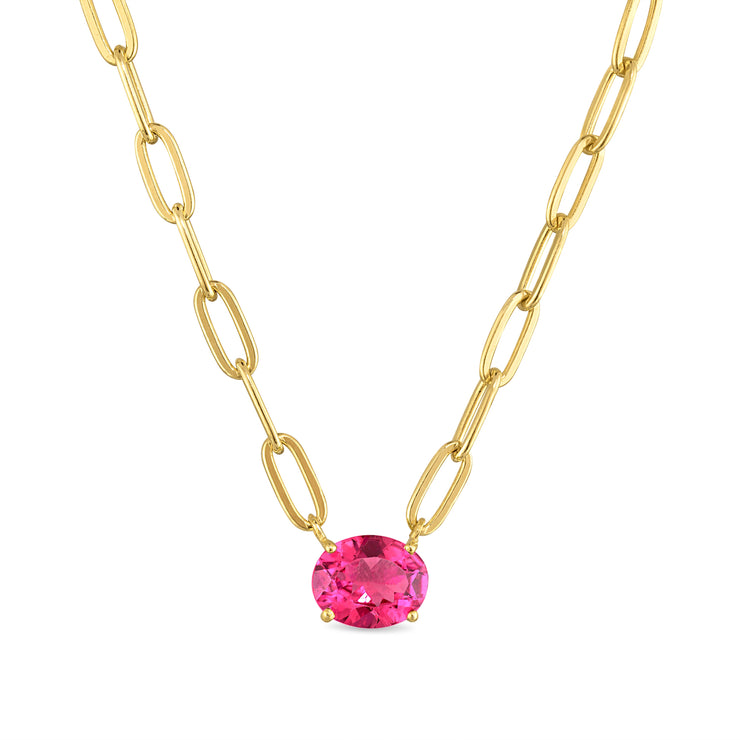 New! Statement Paperclip Gemdrop Necklace - Pink Topaz