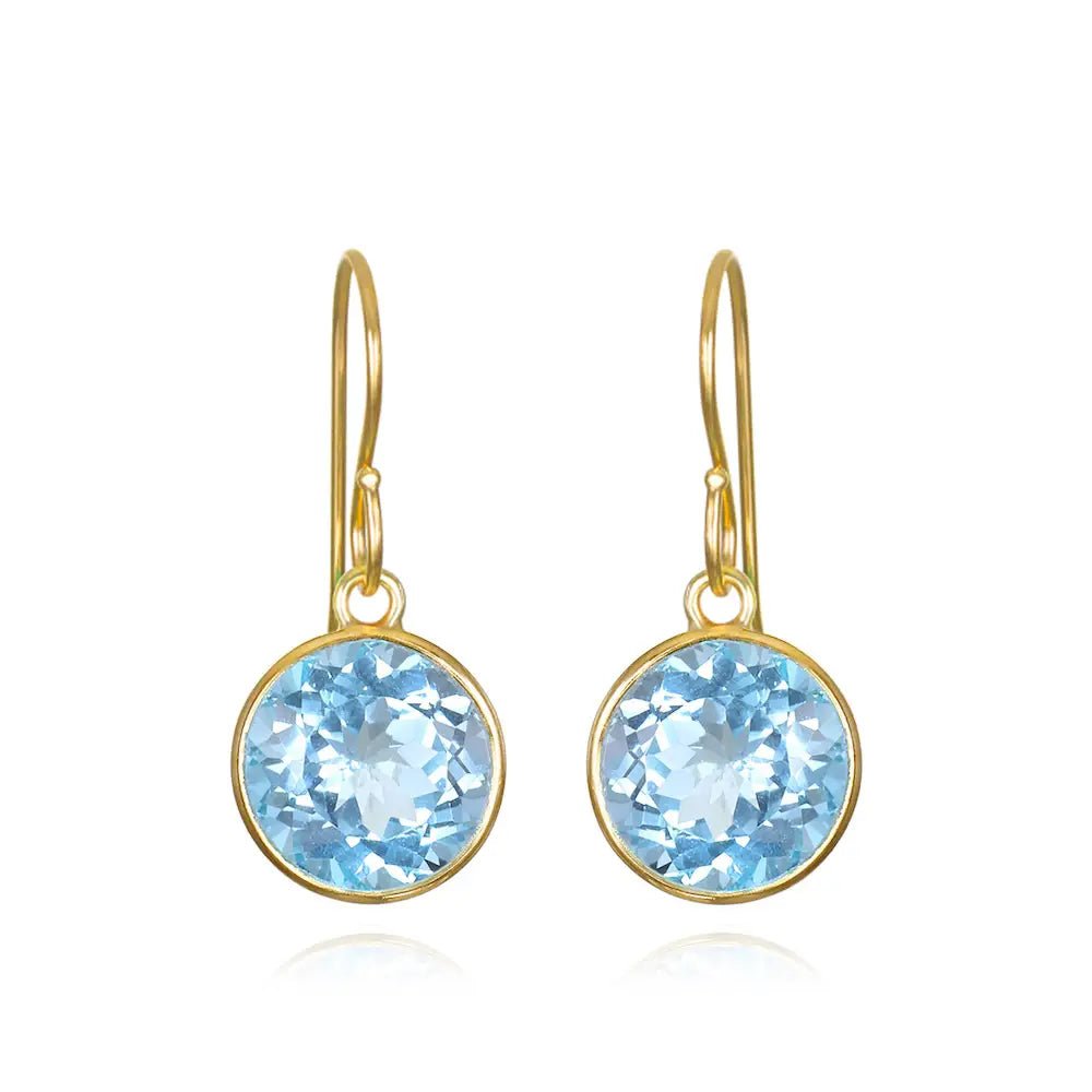 New! Bezeled Round Gem Drop Dangle-Blue Topaz