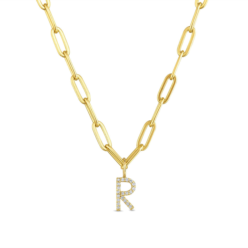 Diamond Initial Statement Paperclip Necklace Gold