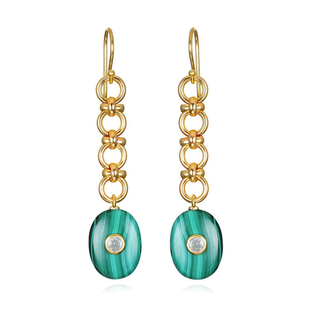 New! Double Gemstone Dangles-Malachite & Topaz