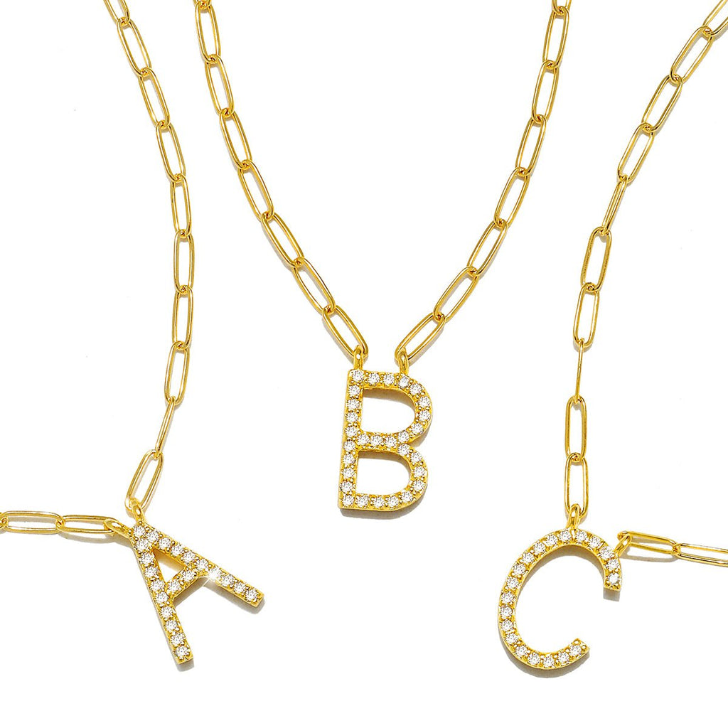 Grand Diamond Paperclip Initial Necklace All Letters