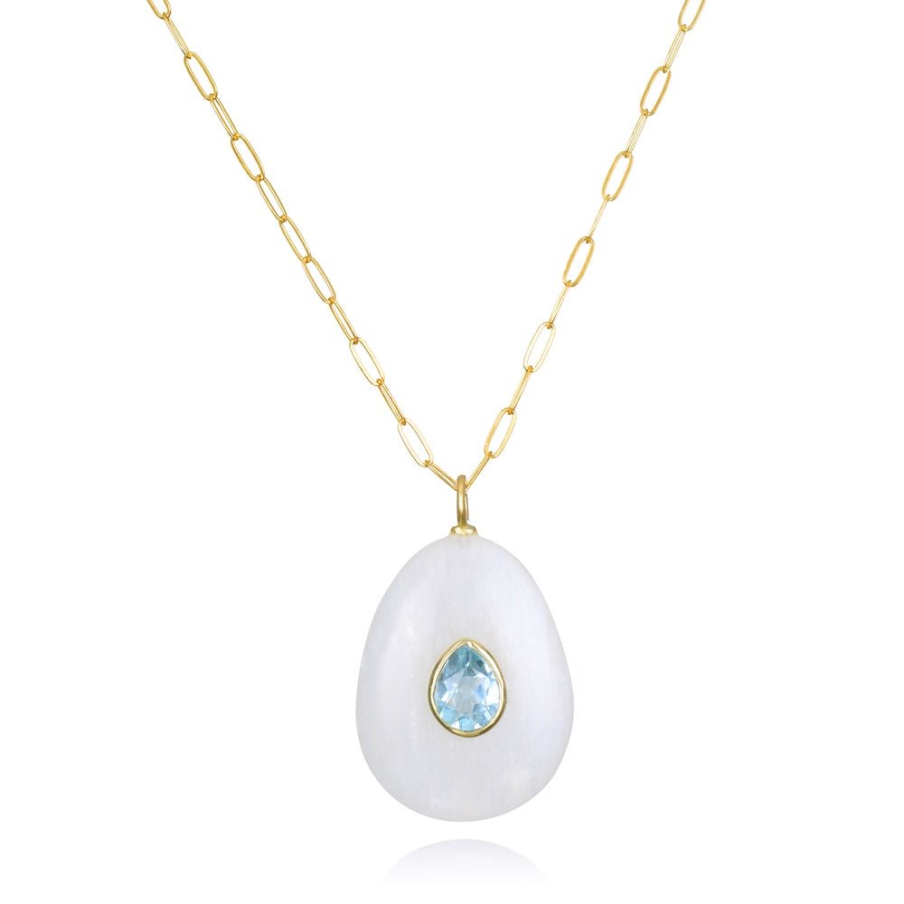New! Rainbow Moonstone & Blue Topaz Pear Pendant Gold