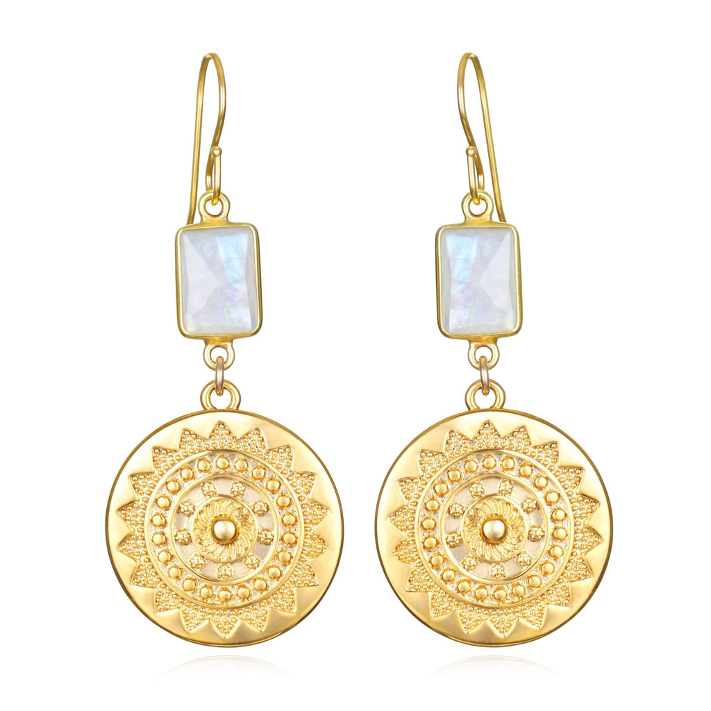 New! Sun Medallion Dangles - Rainbow Moonstone