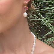 Baroque Pearl & Gemstone Dangle Earrings - Pink Topaz